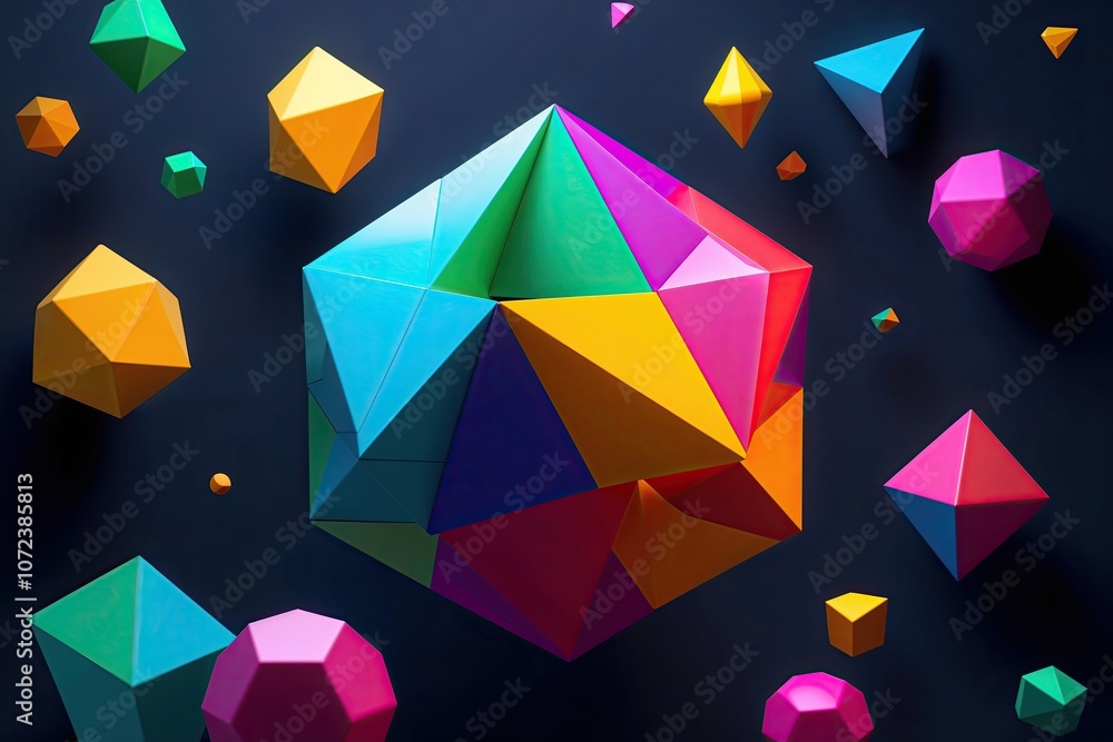 Poster stunning 3d visualization of colorful dynamic polyhedra on black background