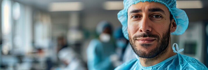 Fototapeta premium A medical professional in blue scrubs and a cap stands confidently in a hospital setting. Concept of healthcare and professionalism. For medical industry promotions.