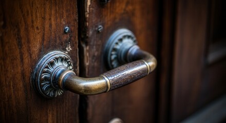 Vintage brass door handles on weathered wooden door