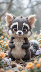 Fototapeta premium Adorable Baby Raccoon Standing in a Flowering Field