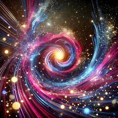 Obraz premium An abstract and conceptual image featuring a galaxy-like swirl of vibrant particles and light trails. The colors include bright fuchsia, electric blue