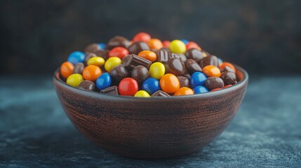 A bowl of candy with a mix of chocolates and sweets, ready for trick-or-treaters. Concept of celebration.