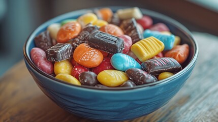 A bowl of candy with a mix of chocolates and sweets, ready for trick-or-treaters. Concept of celebration.