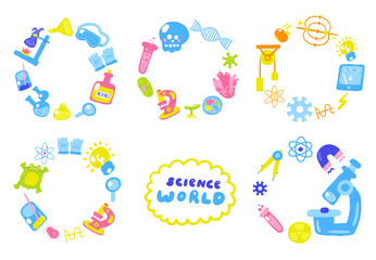 Cute science theme banner, wreath set with funny hand drawn doodle chemistry, biology, physics test tube, acid, flask, compass, atom structure, microscope. Doodle circle round banner, invitation, card