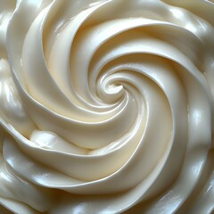 A close-up view of creamy, smooth mayonnaise displayed in a spiral pattern, highlighting its glossy texture and pale beige color.