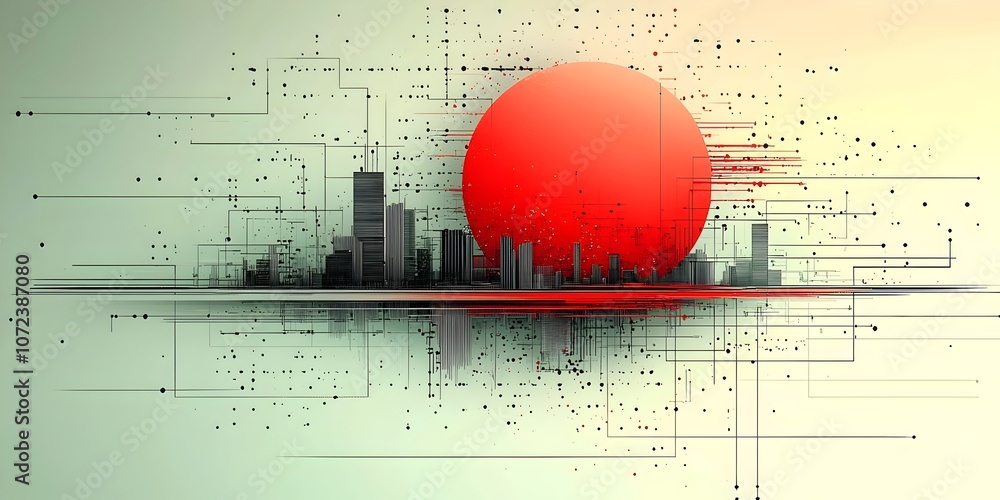 Poster Futuristic cityscape featuring a large red sun setting behind abstract buildings, with digital lines and patterns creating a tech-inspired ambiance.
