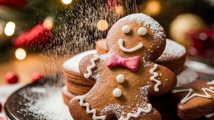 Christmas gingerbread man, gingerbread close-up with icing pattern decorated with powdered sugar against a background of holiday lights.