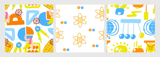 Cute science theme seamless pattern. Funny hand drawn doodle repeatable pattern with physics lightning, force, graphic, pendulum, bulb, battery, gravitation, mechanics. Science technology background