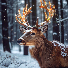 The deer's head is decorated with a bright garland and lights. Christmas deer in a snowy forest.