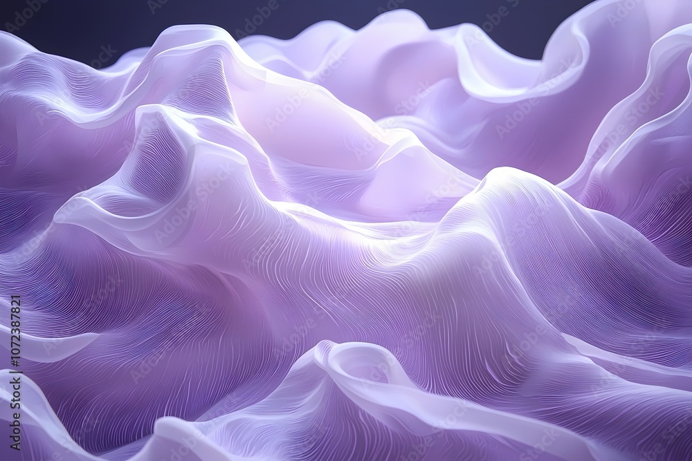 Poster an abstract composition of flowing lavender fabric-like waves illuminated with soft light, creating 