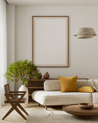 Mock up poster frame in boho style decorated livinig room. Modern, authentic Interior design of...
