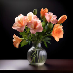flowers in a simple vase on a table, isolated on a dark black