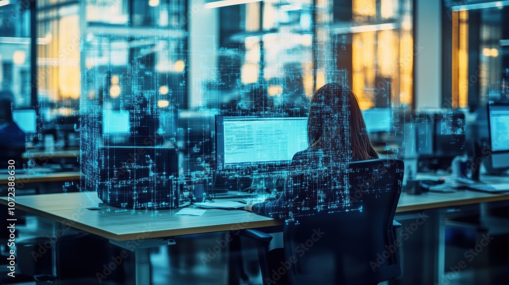 Aufkleber female software developer working in a modern office with digital data overlay.