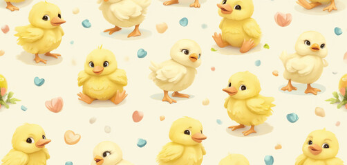 Fototapeta premium Seamless Pattern of Cartoon Ducklings with Floral Accents on a Yellow Background