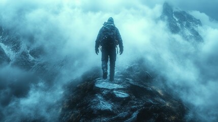 Obraz premium A lone figure traverses a rocky landscape shrouded in mist.