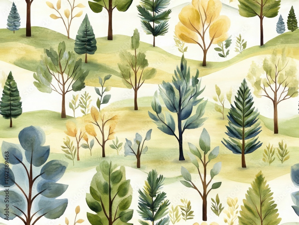 Aufkleber a vibrant watercolor pattern featuring various trees in diverse shapes and colors, creating a serene