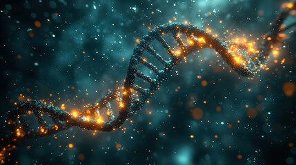 Floating glowing DNA  in dark cloud space 