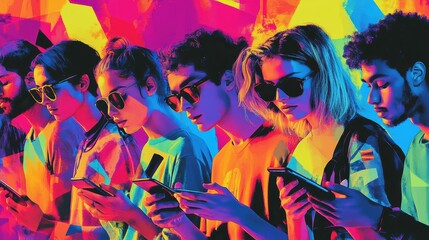 A diverse group of young individuals engaged with their smartphones in vibrant colors.