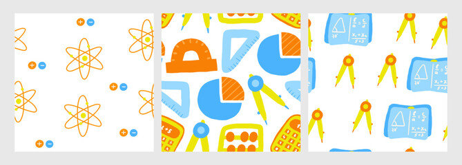 Cute science theme seamless pattern. Funny hand drawn doodle repeatable pattern with calculator, abacus, compass, ruler, angle ruler, diagram, atom, student book. Algebra, geometry, physics background