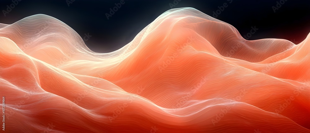 Poster an abstract depiction of flowing waves in soft hues of orange and white, creating a serene and ether