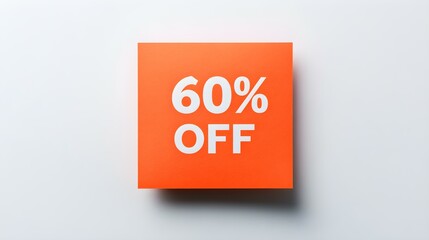 White '60% OFF' Text on a Orange Square Paper Note. White Background with Copy Space