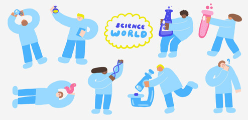 Cute science theme composition, postcard with funny hand drawn doodle biology, chemistry, physics scientist making research. School, science, education icon