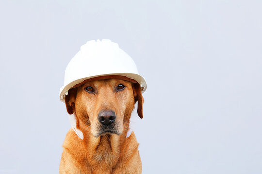 Dog with safety helmet isolated on gray background and copy space. Concept labor and safety.