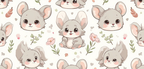 Obraz premium Seamless Pattern of Cartoon Mice with Flowers on a Pastel Background
