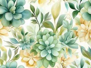 A vibrant floral pattern featuring lush green succulents and soft yellow flowers, creating a fresh and lively aesthetic.