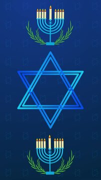 Happy Hanukkah animated vertical blue background with David Star and Hanukia
