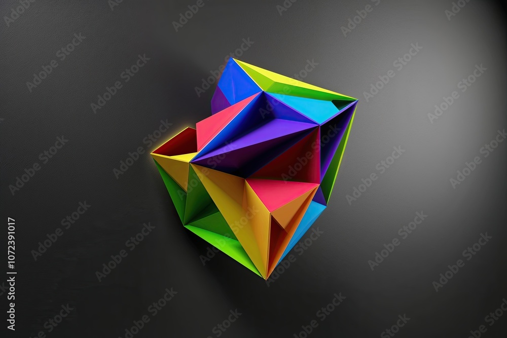 Poster stunning 3d visualization of colorful dynamic polyhedra on dark background