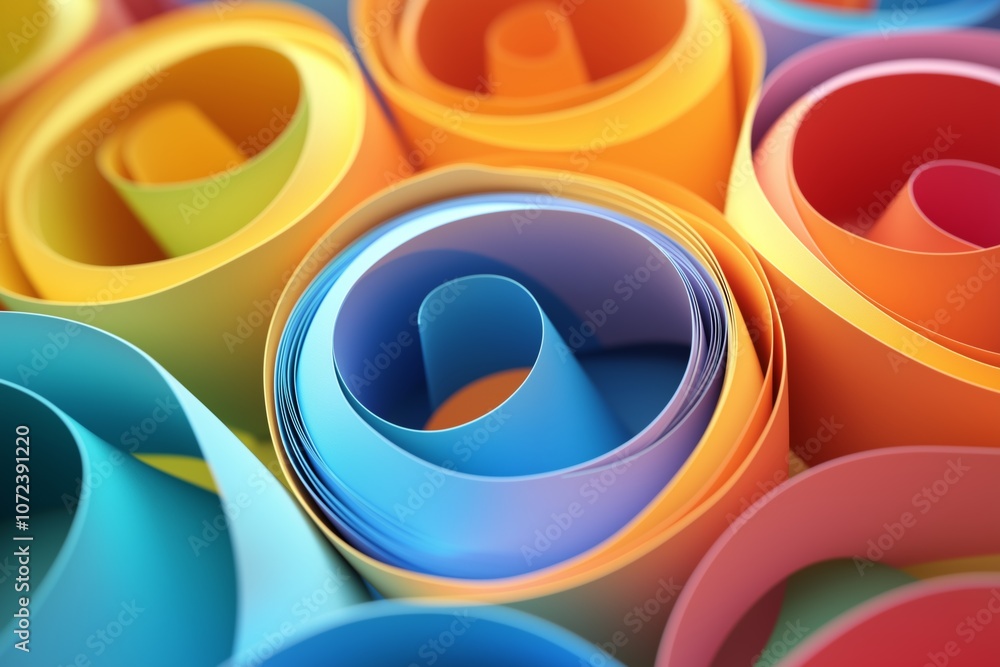 Poster a bunch of colorful paper rolls are arranged in a circle. the colors are vibrant and the rolls are o