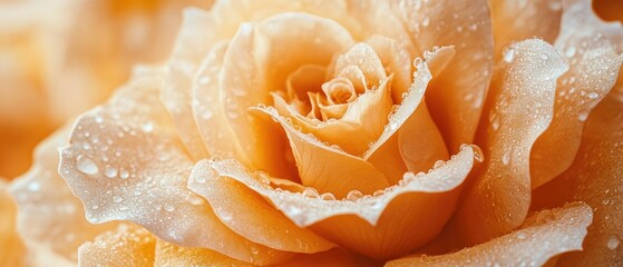 Close-up of a peach rose covered in dew drops.