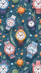 Stylish Watches Arranged in Rows on a Navy Background with Floral Motifs