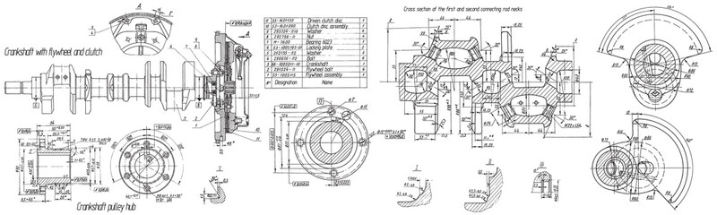 Crankshaft with flywheel and clutch of cargo vehicle. 
Engineering mechanical drawing of automotive device. Industrial 
cad scheme on paper sheet. Technology design 
of machine building industry.
