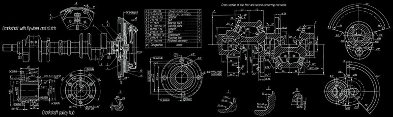 Crankshaft with flywheel and clutch of cargo vehicle. 
Engineering mechanical drawing of automotive device. Industrial 
cad scheme on paper sheet. Technology design 
of machine building industry.