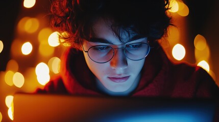 Young male, Caucasian, intently focused on a laptop with a warm bokeh background.