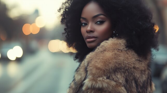 Confident black woman in fur coat on a city street at dusk