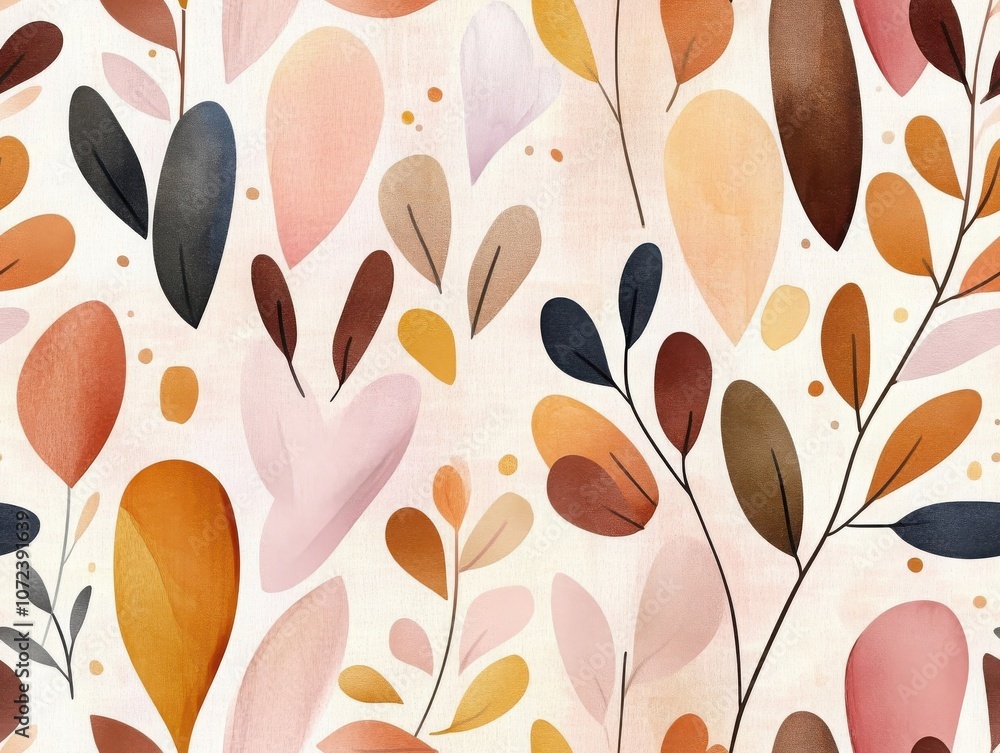 Poster a vibrant pattern featuring various leaves and shapes in warm tones, creating a stylish and artistic