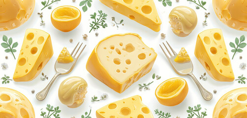 Seamless Pattern of Cheese with Decorative Floral and Fruit Details