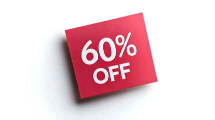 White '60% OFF' Text on a Red Square Paper Note. White Background with Copy Space