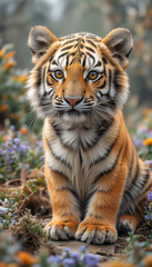 Obraz premium Majestic Bengal Tiger Cub Sitting in a Vibrant Forest Setting