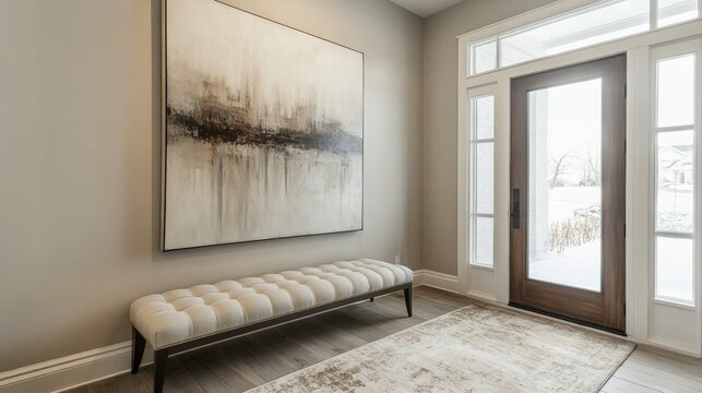 Modern entrance with elegant decor, featuring a stylish bench and abstract artwork.