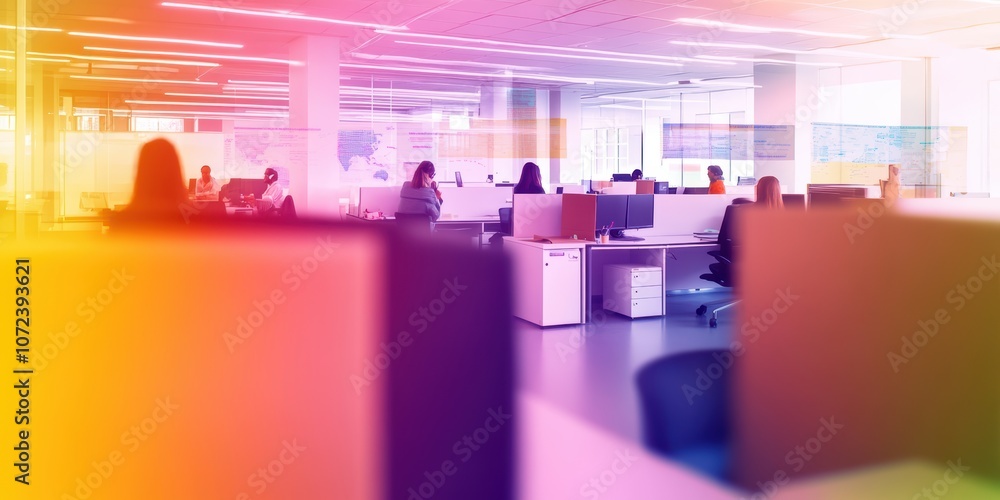 Poster dynamic office environment with diverse professionals collaborating and working.