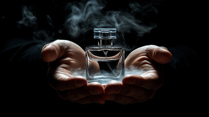 Hands Holding Parfum Bottle, mist captured in the air, creating a romantic and timeless feel