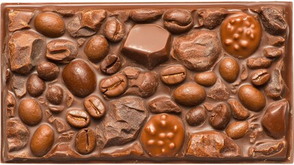 Delectable milk chocolate bar with embedded coffee beans nuts