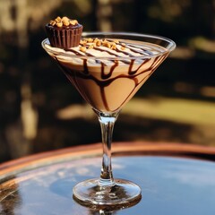 A chocolate and peanut butter martini with whipped cream and a chocolate peanut butter cup garnish.
