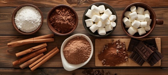 Fototapeta premium Cozy Hot Chocolate Ingredients on Rustic Wooden Table for Perfect Winter Beverage Preparation