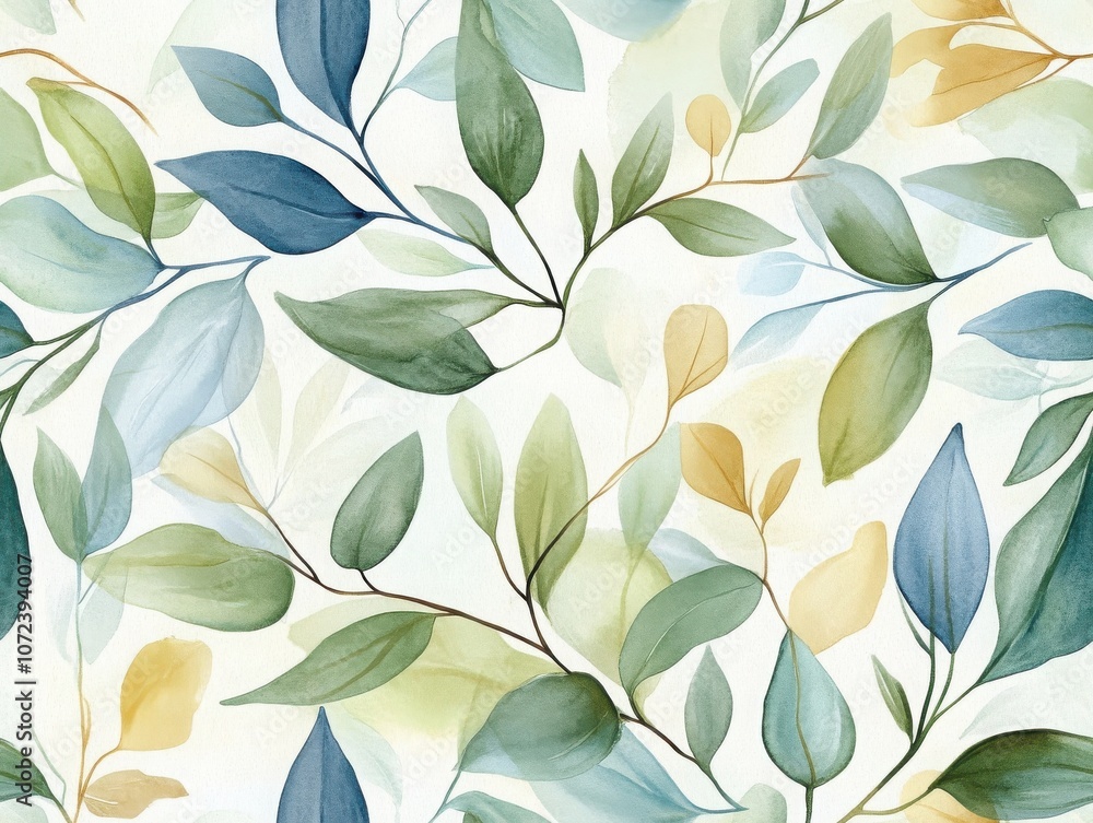 Poster a serene pattern of watercolor leaves in soft greens and yellows, creating a delicate and refreshing