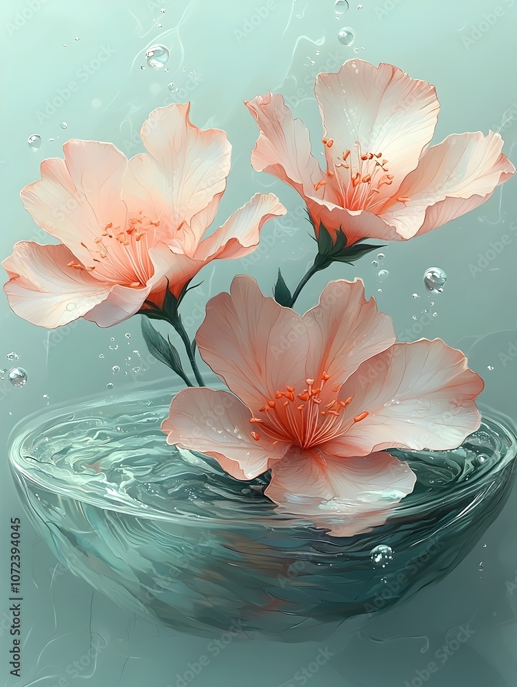 Poster a serene composition featuring three delicate pink flowers with white petals floating above a tranqu